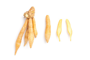 top view Kaempferia slice and finger root isolated on a white background
