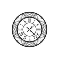 Vintage clock face isolated monochrome icon. Vector retro clocks watchface with roman numerals, ornate watch, antique elegant hour time measuring object, ornamental timepiece, wall or pocket watch