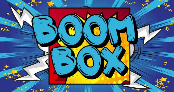 Boom box. Motion poster. 4k animated Comic book word text moving on abstract comics background. Retro pop art style.