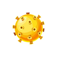 Fantasy planet with fangs isolated yellow globe with thorns, far alien world isolated flat cartoon icon. Vector galaxy exoplanet space planet. Asteroid, inhabitable place in outer space atmosphere