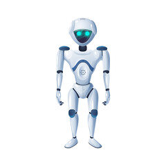Obraz na płótnie Canvas Artificial intelligence robot isolated helper assistant of future isolated cartoon character. Vector android mechanical electronic automation with blue glowing eyes, smart computer humanoid mascot