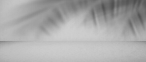 Backdrop empty gray cement wall room background with shadow palm leaves. blank table studio interiors floor concrete construction. mock up display free space for and text or products presentation.