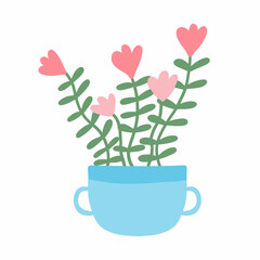  Spring flower in a pot. Lovely pink flowers in a blue pot. Vector illustration in a flat style.