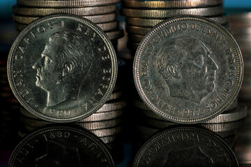 Juan Carlos I King of Spain 1980 Francisco Franco Five Pesetas Coin 1957 Obverse Close Up Stacks...