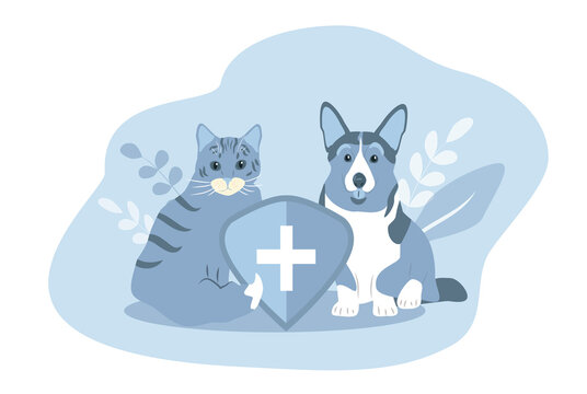 vector hand drawn illustration in flat style on the theme of a veterinary clinic, medical care for animals. dog and cat sit side by side.