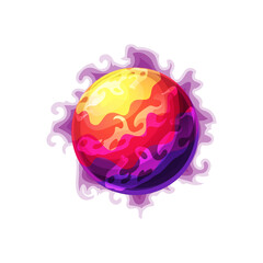 Outer space globe, atmosphere habitable planet isolated ui gui game user interface object. Vector planet of purple magma surrounded by clouds, far alien world. Planet purple magma surrounded by clouds