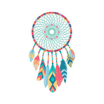 Hope of horsehair mesh and feathers, dreamcatcher aztec symbol isolated color icon. Vector dreamcatcher small hoop of feathers, tribal gypsy mascot. Indians native americans decoration, ethnic art