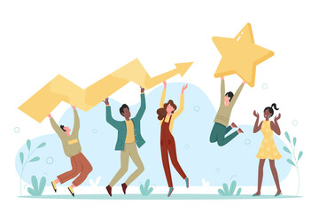 Teamwork and business challenge to achieve goal. Tiny people holding growing long arrow to target, success orientation of team flat vector illustration. Partnership, ambition, achievement concept - obrazy, fototapety, plakaty