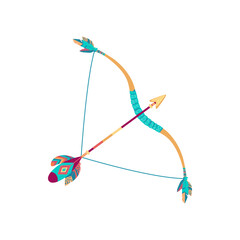 Bow and arrows isolated indians native americans weapon with feathers. Vector ancient longbow decorated by aztec feathers, retro shooting equipment. Traditional ethnic archery mascot, tribal bow