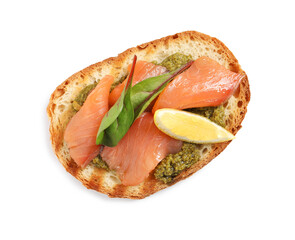 Delicious bruschetta with salmon and pesto sauce on white background, top view