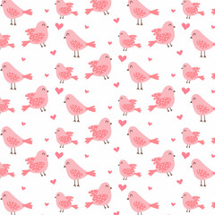  Seamless pattern with cute pink birds. Pattern with birds and hearts. Vector pattern in doodle style.