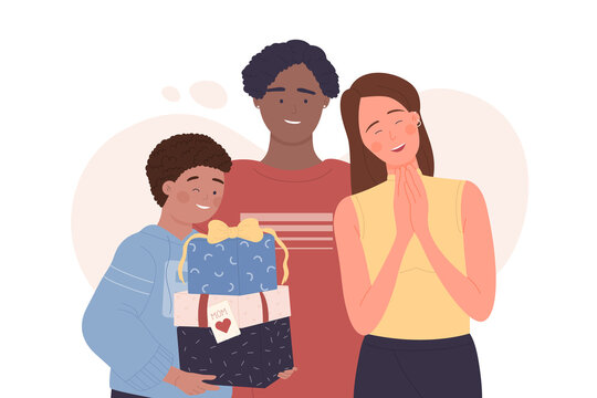 Smiling children with prepared gifts for mom. Mother day celebration with presents flat cartoon vector illustration