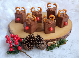 Home baked festive pastry. Animated Red Nosed Reindeer Dark Chocolate Tiramisu Cake Cubes. Great for after or between meals snack, tea break, breakfast, friends or family gatherings.