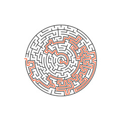 Maze game template, logic labyrinth with clue answer key isolated. Vector conundrum puzzle with shown entrance exit, round maze game riddle. Abstract logic tangled quiz, rebus on search right entry