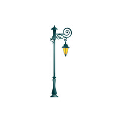 Lamppost stand on one lamp with forged decoration isolated old streetlight pillar. Vector street illumination object, antique lamp post, victorian streetlight. Urban exterior illumination, pole post