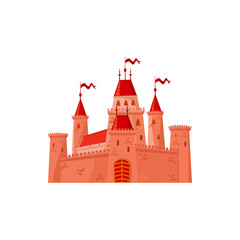 Magic fantasy kingdom palace, medieval fortress with towers of red stone bricks and gate, triangle and oval buildings, home for royal people kings and queens, prince and princess. Fairy tale fort © Buch&Bee