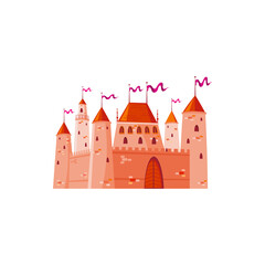 Fortress red brick towers, medieval castle palace isolated cartoon citadel. Vector magic fantasy kingdom fortress of red stone bricks and gate, home for royal people kings and queens, princess, prince
