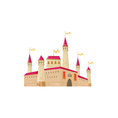 Rich medieval palace, fortress with towers and stone gates, waving banners flags on top of red roof. Vector cartoon historic building, castle city citadel, ancient royal kingdom architecture