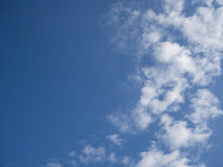 Summer blue sky and white clouds. Background of blue sky with white clouds. Beautiful cloud cover in the sunny calm season. Panoramic bright blue cloudy landscape in a natural environment