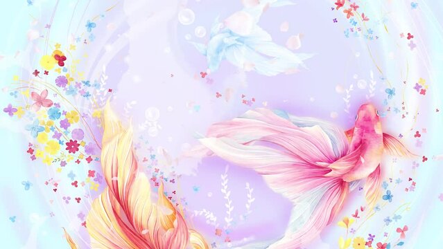Watercolor hand painted goldfish flowers and animals