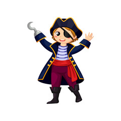 Cartoon boy pirate with hand hook, happy vector smiling kid corsair in carnival costume, cocked hat and eye patch. Child buccaneer personage in Halloween party dress, isolated freebooter or picaroon