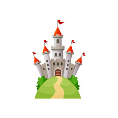 Obraz na płótnie Canvas Medieval castle on green hill isolated cartoon queen or king palace with towers, gates and red flags on top. Vector cinderella fantasy fort, gray stony building. Royal fortress of prince princess