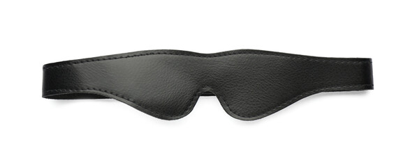 Black leather eye mask on white background, top view. Accessory for sexual roleplay