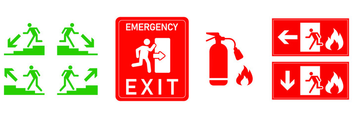 emergency exit signs vector illustration  - obrazy, fototapety, plakaty