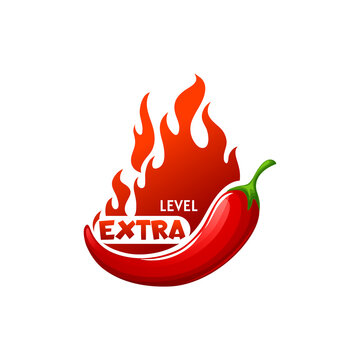 Chili pepper extra hot level and red fire sign isolated flat cartoon icon. Vector flame and chile condiment, pepper level scale, flavor of extraordinary spicy vegetarian food, hot fastfood seasoning
