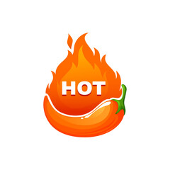 Spicy food label orange fire flame cartoon sticker. Vector flame and spice heat on fastfood snacks, rating of jalapeno snacks, indicator of taste spicy strength. Mexican and Chinese sauce flavour sign