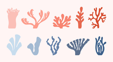 Set of ten abstract sea corals drawn in Henry Matisse style.