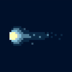 Obraz premium Pixel meteorite, meteoroid falling stone, asteroid glowing celestial body in outer space, pixelated body. Vector falling star 8bit game design icon. Small rocky firing ball, catastrophe sign