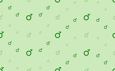 Seamless pattern of large and small green demiboy symbols. The elements are arranged in a wavy. Vector illustration on light green background