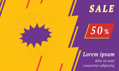 Sale promotion banner with place for your text. On the left is the explosion symbol. Promotional text with discount percentage on the right side. Vector illustration on yellow background
