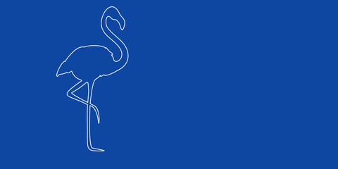 A large white outline flamingos symbol on the left. Designed as thin white lines. Vector illustration on blue background