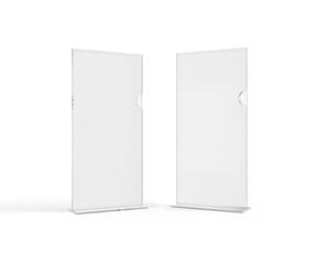Two Clear DL flyer size clear acrylic table top talker stands isolated on a white background. 3D render Illustration