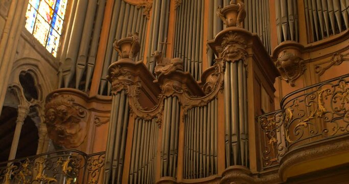 Pipe Organ Inside Saint-Severin Church At Latin Quarter In Paris, France. - close up