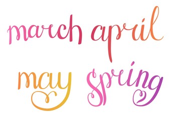 Naklejka na ściany i meble Spring lettering in gradient. Spring months march, april and may lettering. Vector handwritten typography. Calligraphic season inscription
