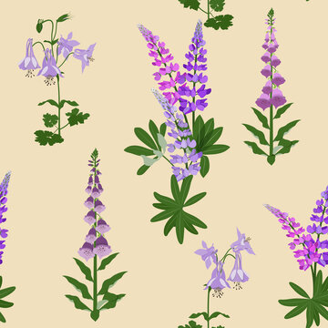 Floral seamless pattern. Branch lupine, digitalis and aquilegia on a beige background.