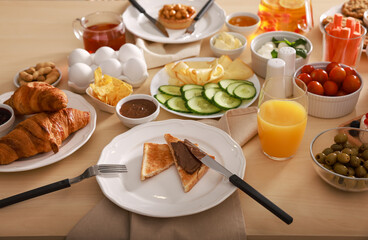 Dishes with different food on table. Luxury brunch