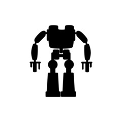 Cyberpunk manufacturing robot isolated black silhouette icon. Vector electronic android automation, shadow of robot with wheels on limbs, industrial machine with hands, artificial intelligence bot
