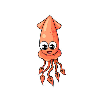 Hooked red squid personage isolated underwater cartoon character. Vector marine animal emoticon, neritic sharpear squid mollusk, giant shellfish aquatic organism with face and eyes, armhook squid