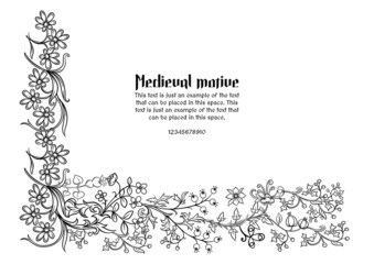 Floral vintage Medieval illuminati manuscript inspiration. Romanesque style. Template for greeting card, banner, gift voucher, label. Outline vector illustration.