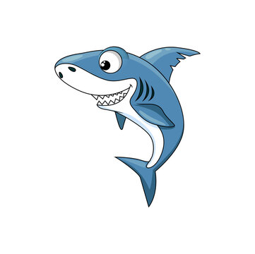 Angry toothed shark isolated funny cute cartoon character. Vector white toothy shark personage, carcharias or carcharodon predator, dangerous animal with jaws, giant marine creature, great shark