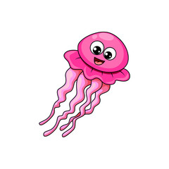 Pink nettle jellyfish isolated kids funny cartoon character with cute face and eyes. Vector medusa sea creature, underwater animal, deep ocean waters sealife personage. Swimming marine jelly