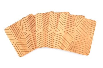 Stylish wooden cup coasters on white background, top view