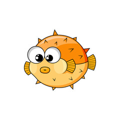 Fugu fish isolated japanese poison pufferfish funny cartoon character with cute face. Vector bogeo or bok porcupine, marine personage. Poisonous fish with puffed stomach, exotic toxic balloonfish