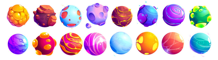 Set of fantastic alien planets, cartoon asteroids, galaxy ui game cosmic world objects, space design elements. Pimpled spheres, comets, moon with craters on surface, plasma and ice Vector illustration © klyaksun