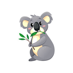 Koala bear cartoon character personage eating eucalyptus leaves isolated on white. Vector funny koala playing with eucalyptus tree branch. Cute Australian animal, gray bear sitting and foraging © Buch&Bee