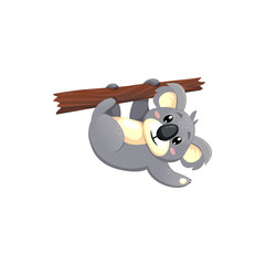 Funny lazy koala cartoon animal playing and greets by paw. Vector cute bear waving paw on eucalyptus branch, sweet cartoon personage. Happy young koala hanging on tree, cheerful wildlife mammal © Buch&Bee